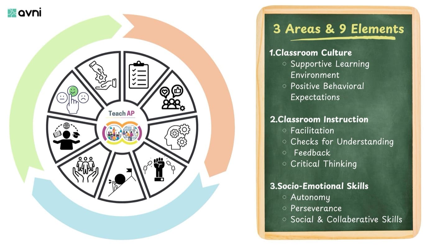 The Teach AP classroom-observation framework digitised on Avni — three areas and nine elements